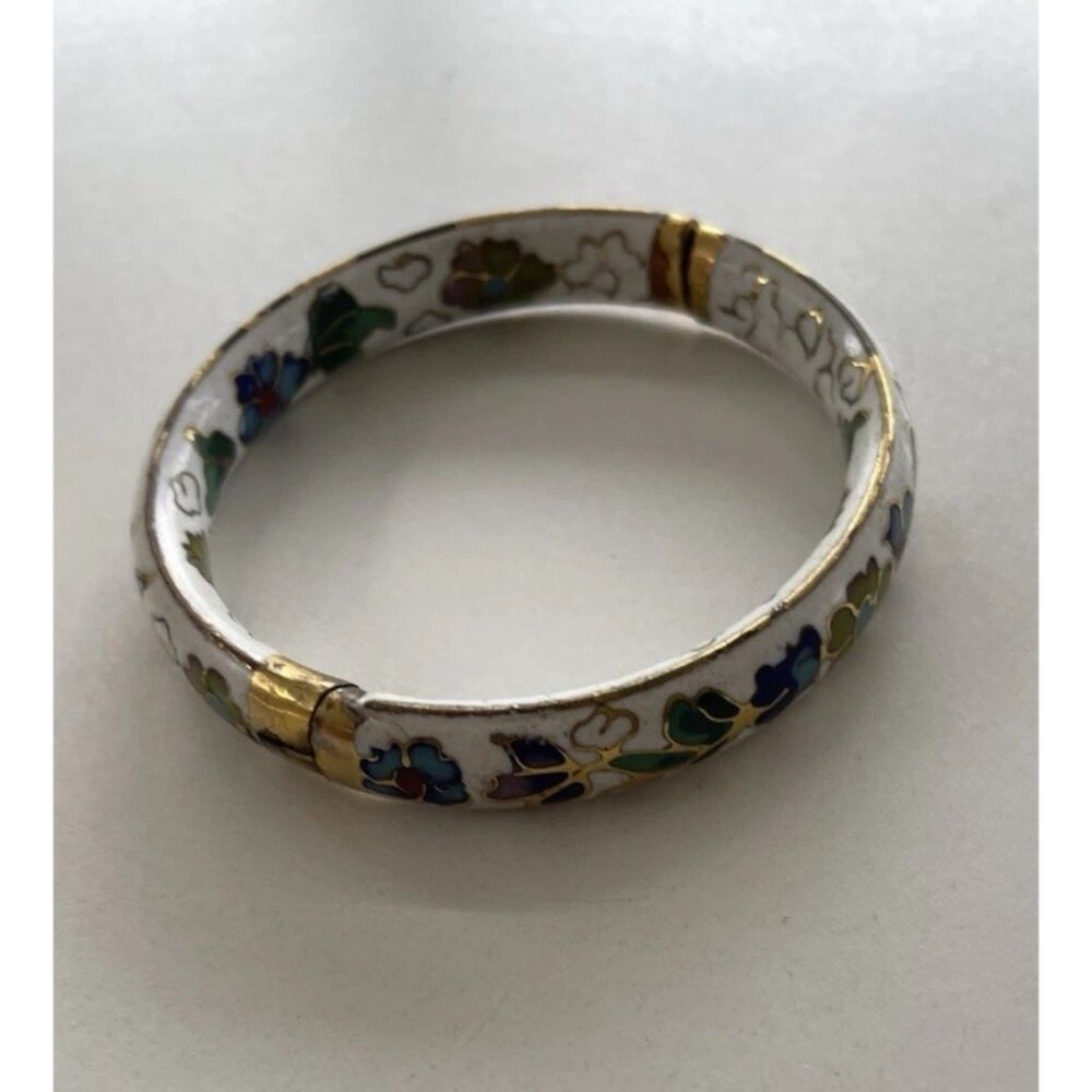 Vintage White Enamel Cloisonné Floral Blue Multi Color Hinged  Bangle Sz 7.5” - Picture 6 of 14